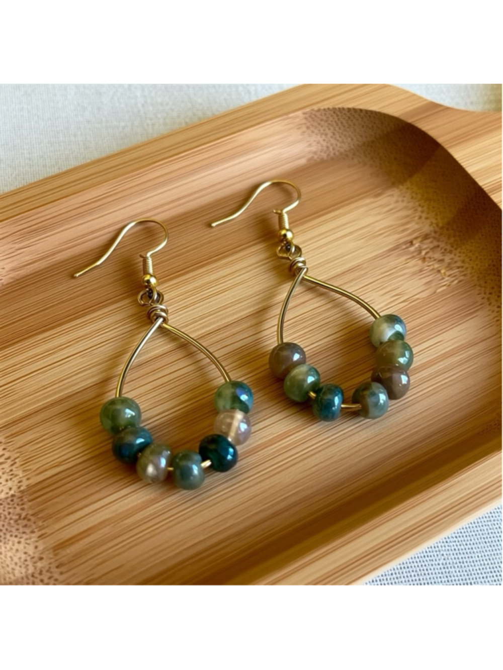 Pearlized Jasper Earrings Gold Teardrop Wire Handmade Boho Dangle Artisan Jewelr